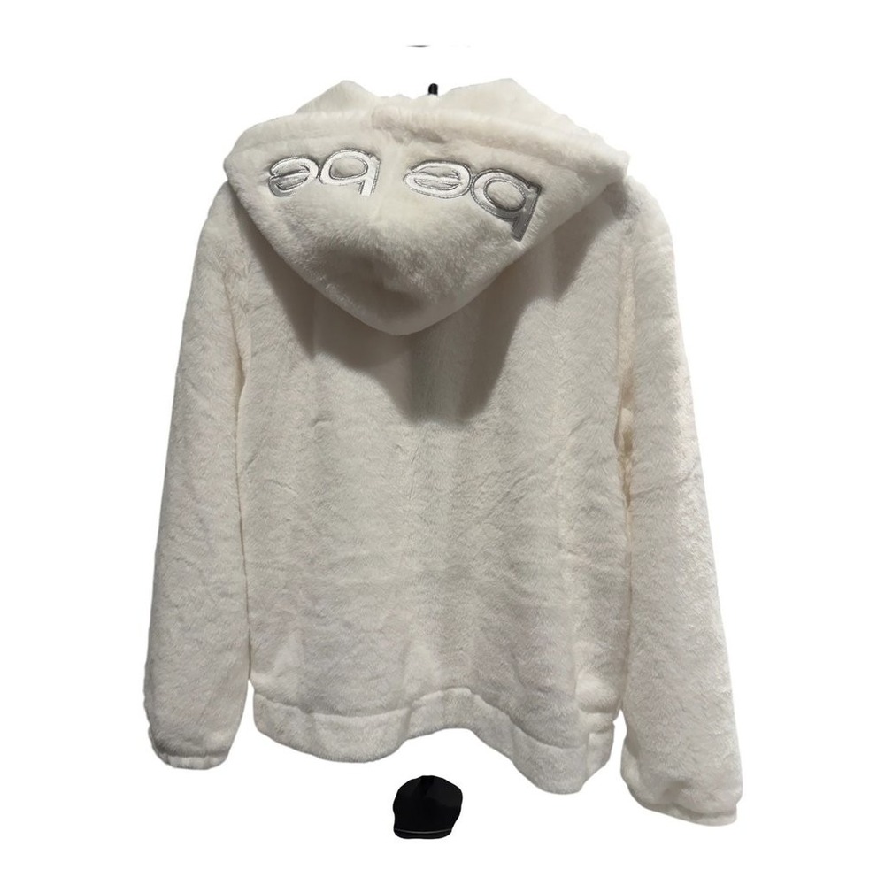 Bebe White Faux Fur Zip-Up Hoodie Jacket with Satin Drawstrings